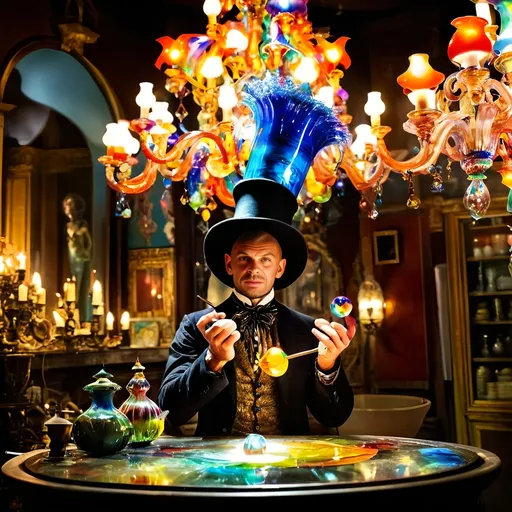 Prompt: (Baroque style) Glass Artisan and Magician, (vibrant colors), man wearing a magical top hat, carefully constructing enchanting magical lights in an intricate chandelier. Lush workshop setting, blending the magic of the real world with Murano’s artistry, (Venice), surrounded by stunning glass artworks, dramatic shadows, and a cozy ambiance, (ultra-detailed).