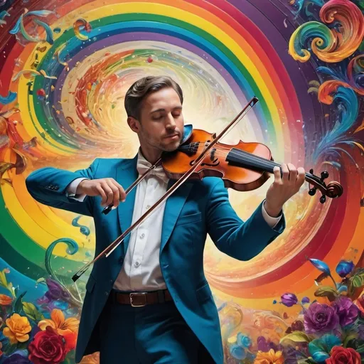 Prompt: (Hearing in Color), art deco style, vibrant color scheme, (complex rainbow swirl) background, painting of a man playing violin, intricate items surrounding him, (renaissance still life) elements, (music flowing as a rainbow), dynamic movement, mixing visual art with sound, hyper-detailed, rich textures, cinematic ambiance, enchanting atmosphere, (4K ultra-detailed quality), colorful symphony of sight and sound.