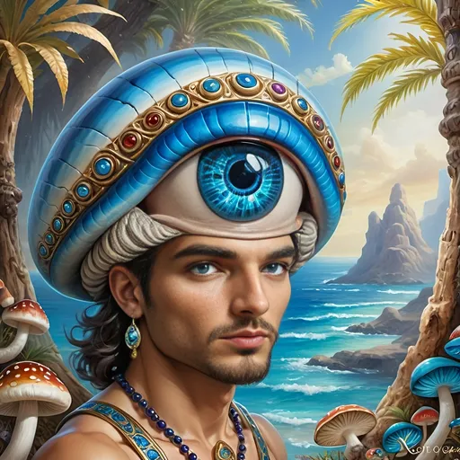 Prompt: (7 Wonders Art Glass Studio masterpiece oil painting), a magical mushroom, blue shell, blue eye (Eye of Horus), enchanting atmosphere, vibrant colors, surreal details, whimsical elements, mystical background, soft lighting, HD resolution, captivating composition, dreamlike surroundings, colorful expression, intricate textures, nature-inspired themes, rich artistic depth, alive with creativity.