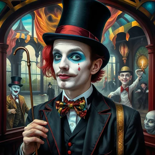 Prompt: (A psychedelic oil painting) of a magician, (a man with a top hat and cane), vivid color palette, enchanting scene, intricate stained glass window behind him, whimsical patterns, surreal atmosphere, mystic aura, high contrast lighting, art reflecting the imaginative essence of seven wonders, (ultra-detailed), captivating and dreamlike ambiance.