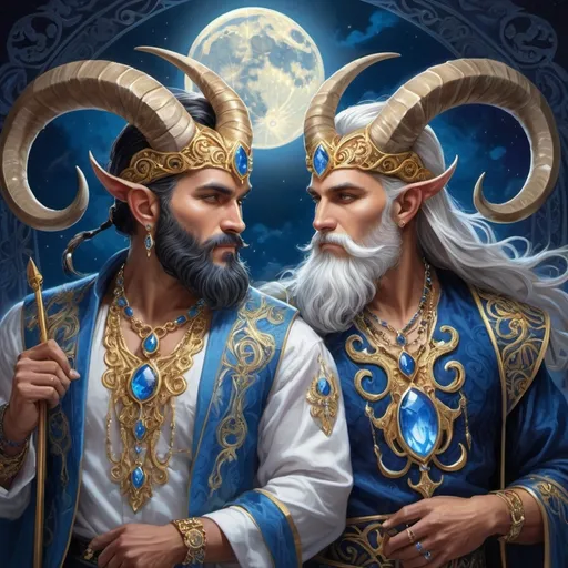 Prompt: (fantasy artwork) two men in ornate costumes with (bold horns), one with a (flowing white beard), the other adorned with a (blue and gold necklace), (intricate designs) illuminated by a luminous moon in the background, rich details and vibrant colors, (dynamic lighting), perfect for an album cover, (highly detailed) and visually captivating, in the style of Anne Stokes.