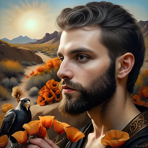 Prompt: A Seven Wonders Art Glass Studio portrait oil painting of a man with a beard in middle of Mojave Desert peak Poppy bloom season. Honoring Nuit