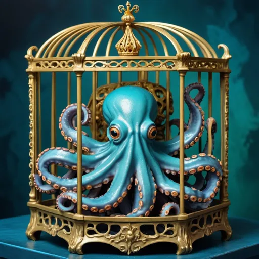 Prompt: (octopus in a cage), (gold crown on top), vibrant blue background, rich green backdrop, surrealist sculpture, infused with quirky elements, Craola’s artistic style, pop surrealism, imaginative atmosphere, captivating and whimsical vibe, highlights of intricate details, ultra-detailed composition, high-quality visual.