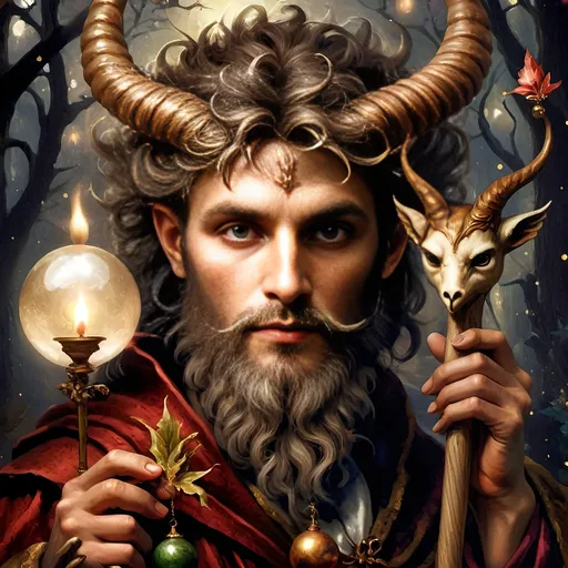 Prompt: A (captivating) oil painting depicting a (mysterious magician) with a (horned head), a (bird perched gracefully on his shoulder), holding a (beautifully crafted cane) and an (orb in his hand), beautifully capturing themes of (fantasy) and (transformation). Character portrait-style, influenced by (Clint Cearley's) signature artistry, with ethereal hues and (vivid detailing) honoring the legendary figures of (Pan and Nuit), set against a dreamy, (surreal background) that evokes wonder.