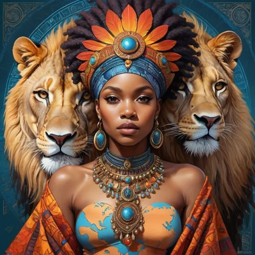 Prompt: (Chinwe Chukwuogo-Roy inspired), highly detailed digital painting, afrofuturism elements, a woman wearing an ornate headpiece, a majestic lion juxtaposed with her face, vibrant colors blending harmoniously, intricate patterns in the background, a detailed map of Africa framed behind, ethereal ambiance, captivating and symbolic, ultra-detailed, fine art masterpiece, evocative and sophisticated atmosphere.