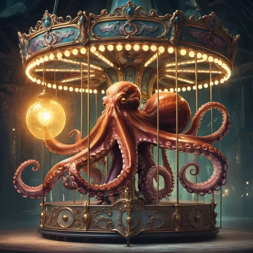 Prompt: (octopus riding a carousel), (fantasy art), (surrealist painting), vibrant colors, ethereal lighting, whimsical ambiance, illuminated lights on carousel sides, glowing light bulb overhead, dreamlike atmosphere, intricate details, high-quality 4K, inspired by Bastien Lecouffe-Deharme, imaginative themes, enchanting scene