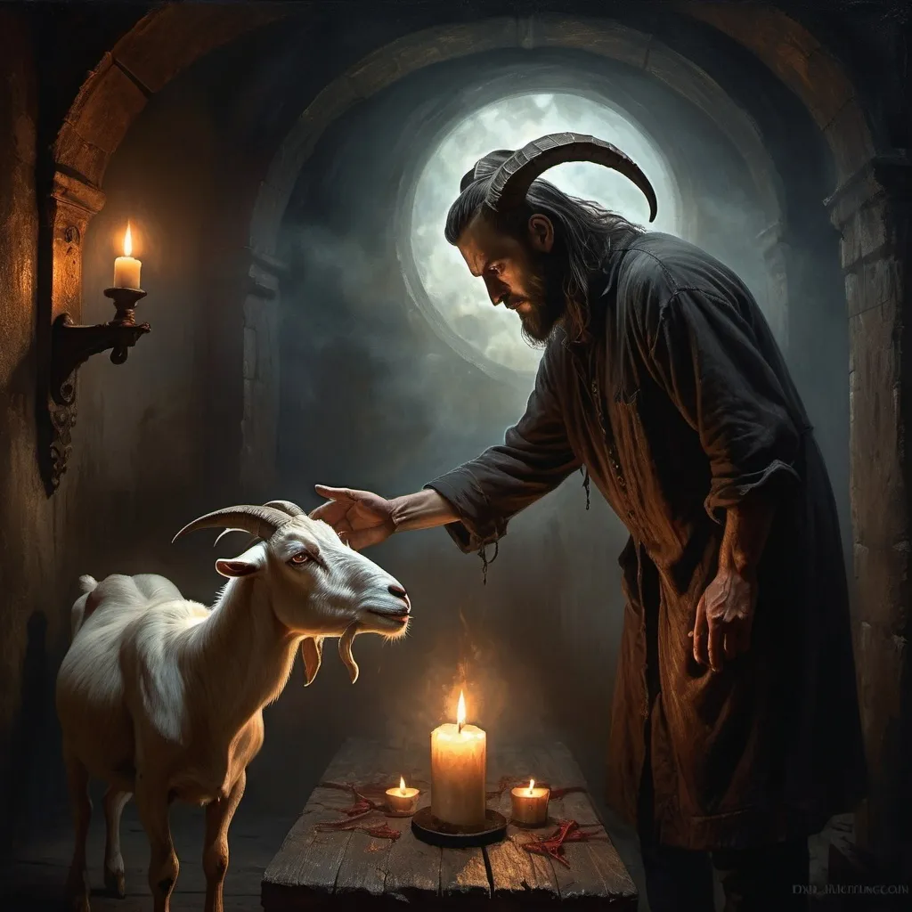 Prompt: (breathtaking fantasy art), a man and a goat reaching hands, melancholic atmosphere, flickering candlelight casting eerie shadows, ominous message on a weathered sign (accurately spelled text "the devil is coming"), dark colors, rich textures, dramatic lighting, intricate details, captivating composition, mysterious ambiance, (oil painting), (ultra-detailed), (high resolution).