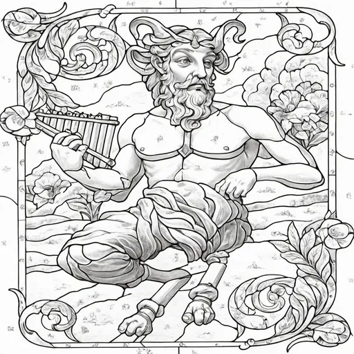 Prompt: black and white, (stained glass window coloring page), Pan holding his flute, Renaissance Period, classical elements, (Art Nouveau influences), intricate patterns, (nature motifs), honoring the God Pan of Arcadia, detailed floral designs, tranquil ambiance, captivating depth, enchanting visuals, perfect for artistic interpretation, relaxing coloring activity, high-quality illustration, artistic masterpiece.