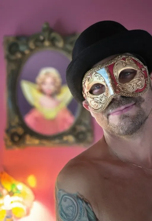 Prompt: a man with a mask on his face and a hat on his head, standing in a room with a mirror, Dave Arredondo, kitsch movement, david lazar, a portrait