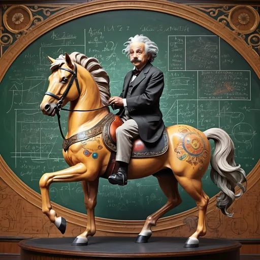 Prompt: (art movement: Art Deco), vibrant color scheme, (Carousel of Science), highly detailed digital painting, statue-like Albert Einstein, gracefully posed on a (majestic horse), a mysterious (chalkboard) filled with equations and sketches in the background, (ultrafine details), playful yet thoughtful atmosphere, intricate geometric patterns, rich textures, 4K quality, striking composition, dynamic blending of colors, creative expression through scientific wonder.