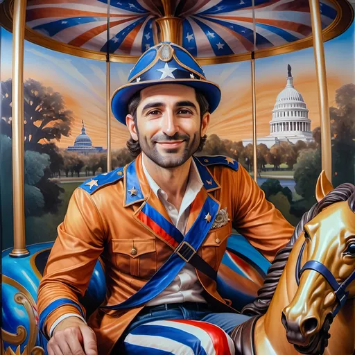 Prompt: (A Seven Wonders Art Glass Studio), oil renaissance painting, (vibrant colors), a man in military uniform, proudly riding on a Carousel of Heroes, surrounded by gracefully carved horses, soft, glowing ambiance, honoring veterans and those serving in the U.S. Military, warm golden lighting, intricate details in the uniform, carousel with richly adorned decorations, respectful atmosphere, high quality, ultra-detailed.