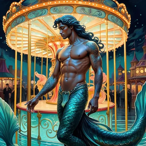 Prompt: ((art nouveau style)), (vibrant color scheme), black merman standing, illuminated carousel beside him, whimsical atmosphere, enchanting expressions, with a larger carousel in the background, influenced by ethereal and magical vibe, ultra-detailed painting, captivating fantasy artwork, immersive scene, dreamlike ambience.