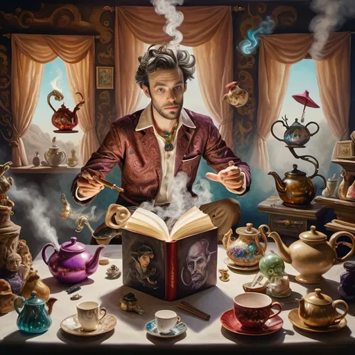 Prompt: (psychedelic still life portrait), a magician jack-in-the-box man, surrounded by (vibrant) teapots and enchanted magical items, items coming to life at a whimsical tea party, an open book exuding shimmering light in front of him, rich jewel tones, swirling patterns, otherworldly atmosphere, 4K, ultra-detailed, dreamlike ambiance.