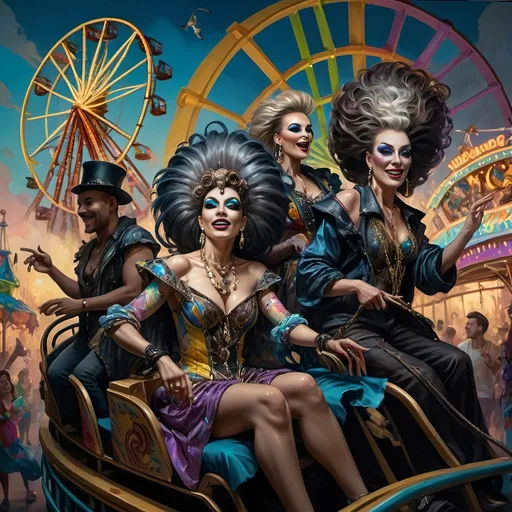 Prompt: (Honoring Nuit), a vibrant painting of a group of drag queens, joyfully riding a roller coaster, colorful outfits flowing in the wind, beaming expressions, a dazzling ferris wheel in the background, a striking rainbow extension painted on the side, lively amusement park atmosphere, bright tones, fantastical mood, high detail, mesmerizing and dynamic composition, perfect for celebrating diversity and joy.