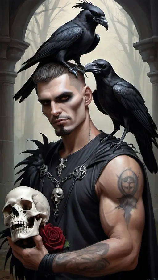 Prompt: a man with a skull and a horned head holding a skull and a crow on his shoulder and a skull in his hand, Anne Stokes, gothic art, dark fantasy art, a fine art painting