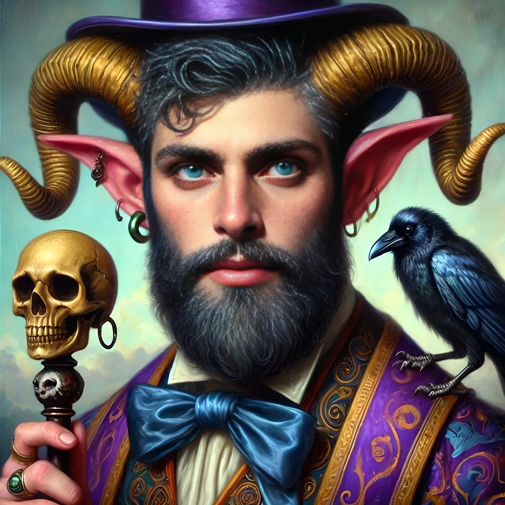 Prompt: a man with horns and a skull holding a bird on his shoulder and a skull on his shoulder, with a skull in his hand, Dino Valls, gothic art, dark fantasy art, a fine art painting