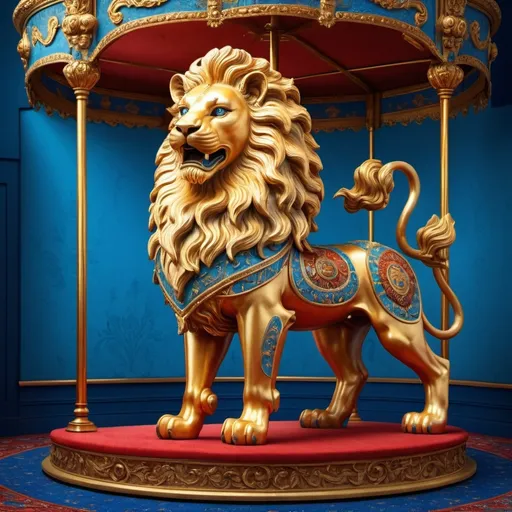 Prompt: (golden lion statue), (carousel), bright blue background, (red carpet), blue wall, inspired by Charles Bird King, Qajar art style, (highly detailed), digitally painted, (ultrafine details), vibrant colors, elegant ambiance, cinematic lighting, rich textures, immersive composition, fantastical atmosphere, intricate designs, artful presentation, HD quality.