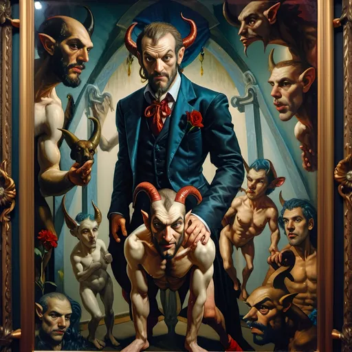 Prompt: (7 Wonders Art Glass Studio), (Renaissance portrait), half man, half goat, elegantly dressed in a suit and tie, beside a loyal dog, encased in a decorative frame adorned with vibrant flowers, lush forest background, exuding a mystical atmosphere, (esoteric themes), reverence for Nuit, high quality, masterful details, rich colors, atmospheric lighting, captivating composition.