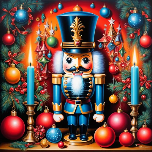 Prompt: (nutcracker), (candle and candle holder), surrounded by (Christmas decorations), (psychedelic art style), (vibrant color scheme), (extremely detailed), (oil painting), (airbrush painting), inspired by (Anne Stokes), (pop surrealism), dynamic patterns and textures, warm and festive ambiance, high-quality artistry, rich hues melding into each other, whimsical elements drawing viewers in, enchanting holiday spirit, magical atmosphere.