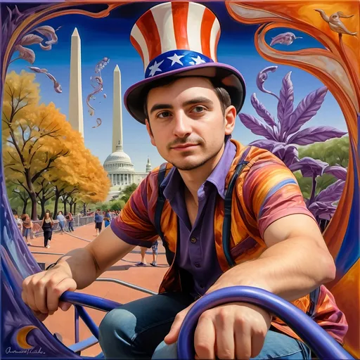 Prompt: A (masterful) Seven Wonders Art Glass Studio painting, depicting a (charming) magician man in a (patriotic) top hat, joyfully riding a rollercoaster in Liberty Park, featuring vibrant colors and whimsical elements, with a prominent Washington Monument in the background, intricately integrated with the phrase (accurately spelled text "Yankee Doodle"), all while encapsulating the theme of (honoring Nuit and the Aeon of Horus), ultra-detailed, colorful and dynamic atmosphere.