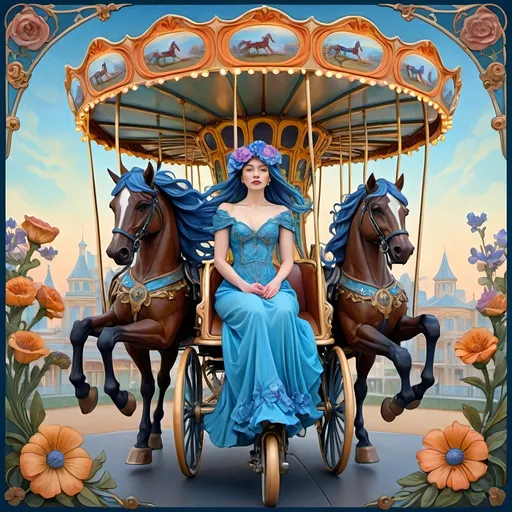 Prompt: Carousel of Diversity, (art nouveau style), (vibrant color scheme), a woman in a wheelchair joyously riding a beautifully crafted carousel with ornate horses, (blue flower in her hair), (Caroline Chariot-Dayez), figurative art, dystopian elements blending with art deco sculpture, whimsical yet haunting ambiance, richly detailed background with whimsical flowers and muted sky illuminating with warm tones, (ultra-detailed).