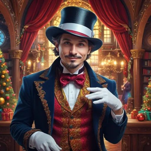 Prompt:  Christmas setting. (magician with top hat), (magical ambiance), (vibrant colors) intricate details, cheerful expression, (ultra-fine detailed digital painting), vibrant colors, dramatic lighting, Renaissance background with ornate architecture, whimsical elements, captivating aura, enchanting atmosphere, showcasing magical effects and sparkles, (4K), enchanting scene, visually stunning masterpiece.