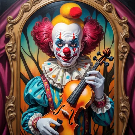 Prompt: (art nouveau style), (vibrant color scheme), clown with a violin in hand, clown face makeup, in front of a mirror, inspired by Anne Stokes, (pop surrealism), highly detailed, (oil painting), fine art painting, intricate patterns, whimsical atmosphere, dramatic lighting, rich textures, ornate background elements, captivating expression, enchanting portrayal, 4K, ultra-detailed.