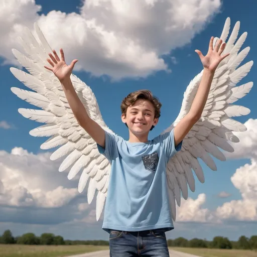 Prompt: Caleb Logan Leblanc from youtube bratayley age 13 standing and waving hi with angel wings on his back