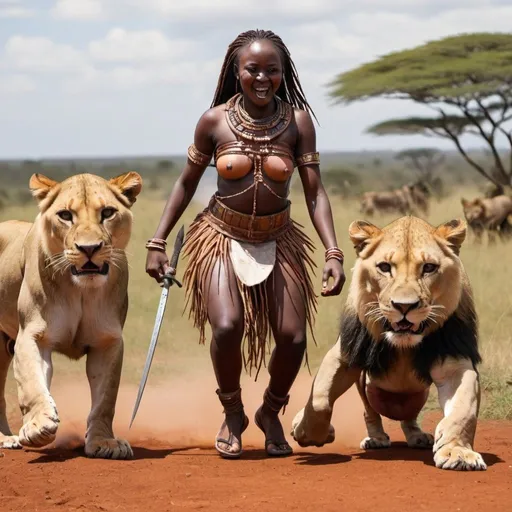 Prompt: a kikuyu princess worrior in battle with 4lions
