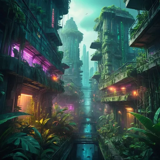 Prompt: Philippines-inspired dystopian fantasy jungle city, highly-detailed, sprawling urban landscape, vibrant and lush flora, ancient and futuristic architecture, neon-lit streets, mysterious mist, dystopian fantasy, highres, detailed fantasy, futuristic, vibrant colors, atmospheric lighting, jungle flora, ancient architecture