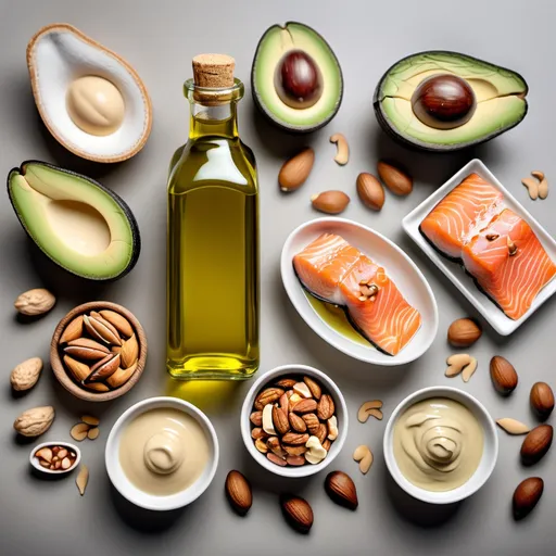 Prompt: bright image of fat group- a bottle of olive oil in the middle,
in the picture tahini, nuts, walnuts, almonds,  slice of salmon , avocado
