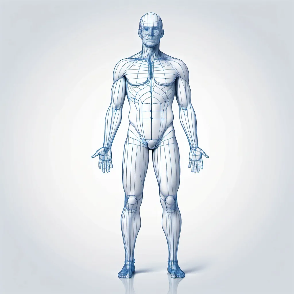 Prompt: (body size diagram), wireframe diagram of a man, realistic proportions, clean lines, (minimalist style), on a bright white background, delicate blue lines creating a crisp look, emphasizing anatomical accuracy, modern and professional appearance, highly detailed and precise, perfect for educational purposes or design reference, (high quality), ultra-detailed.