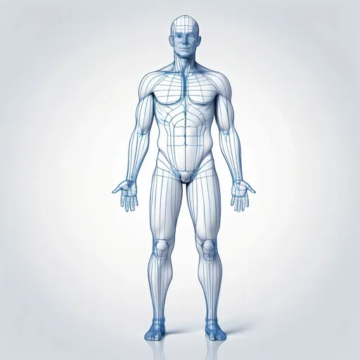 Prompt: (body size diagram), wireframe diagram of a man, realistic proportions, clean lines, (minimalist style), on a bright white background, delicate blue lines creating a crisp look, emphasizing anatomical accuracy, modern and professional appearance, highly detailed and precise, perfect for educational purposes or design reference, (high quality), ultra-detailed.