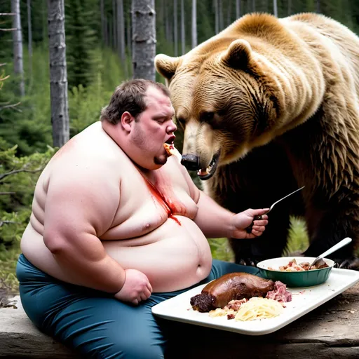 Prompt: obese man eating and killing a bear.