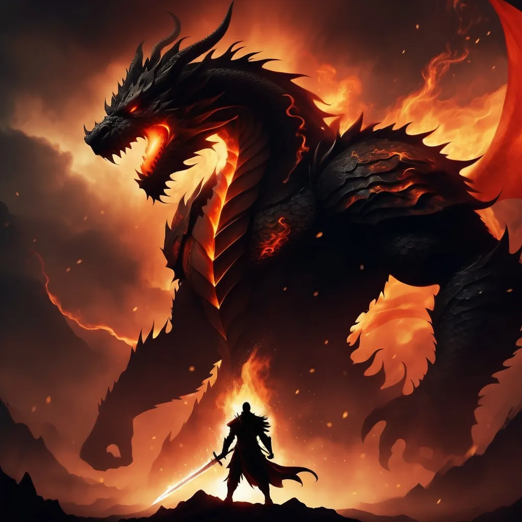 Prompt: Create a dramatic and epic wallpaper that shows a lone warrior standing boldly with a flaming sword in hand, facing a menacing dragon. The character's silhouette should appear against a dark, smoky background, with the shimmering flames of the sword illuminating his figure in shades of red and orange. The character must be facing the dragon and their sword must point towards the ground and stay at its side. The dragon, huge and fearsome, must be partially obscured by shadows and smoke, with glowing red eyes and scales that glow with hints of darkness.  The scene should evoke a sense of impending battle, with embers swirling and sparks of fire filling the air. The overall color palette should focus on deep blacks, deep reds, and deep oranges, creating a striking and intense image. The composition should be balanced, with the character and dragon placed in a way that draws the viewer's attention to the