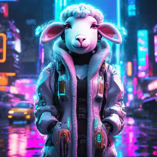 Prompt: An anime-style female sheep character wearing a thick, woolly costume resembling a sheep, designed with a futuristic cyberpunk theme. She has delicate anime features with expressive eyes, futuristic sheep horns glowing with neon circuits, and elements of high-tech integrated into her costume. The background is a dramatic, rain-soaked cyberpunk cityscape, illuminated by vibrant neon lights, holographic billboards, and towering futuristic structures. Prominently displayed in the backdrop are the words 'LAMB BOT' in large, bold, glowing cyberpunk-styled text. The scene combines soft organic textures with sleek, high-tech aesthetics to emphasize a blend of tradition and futurism.