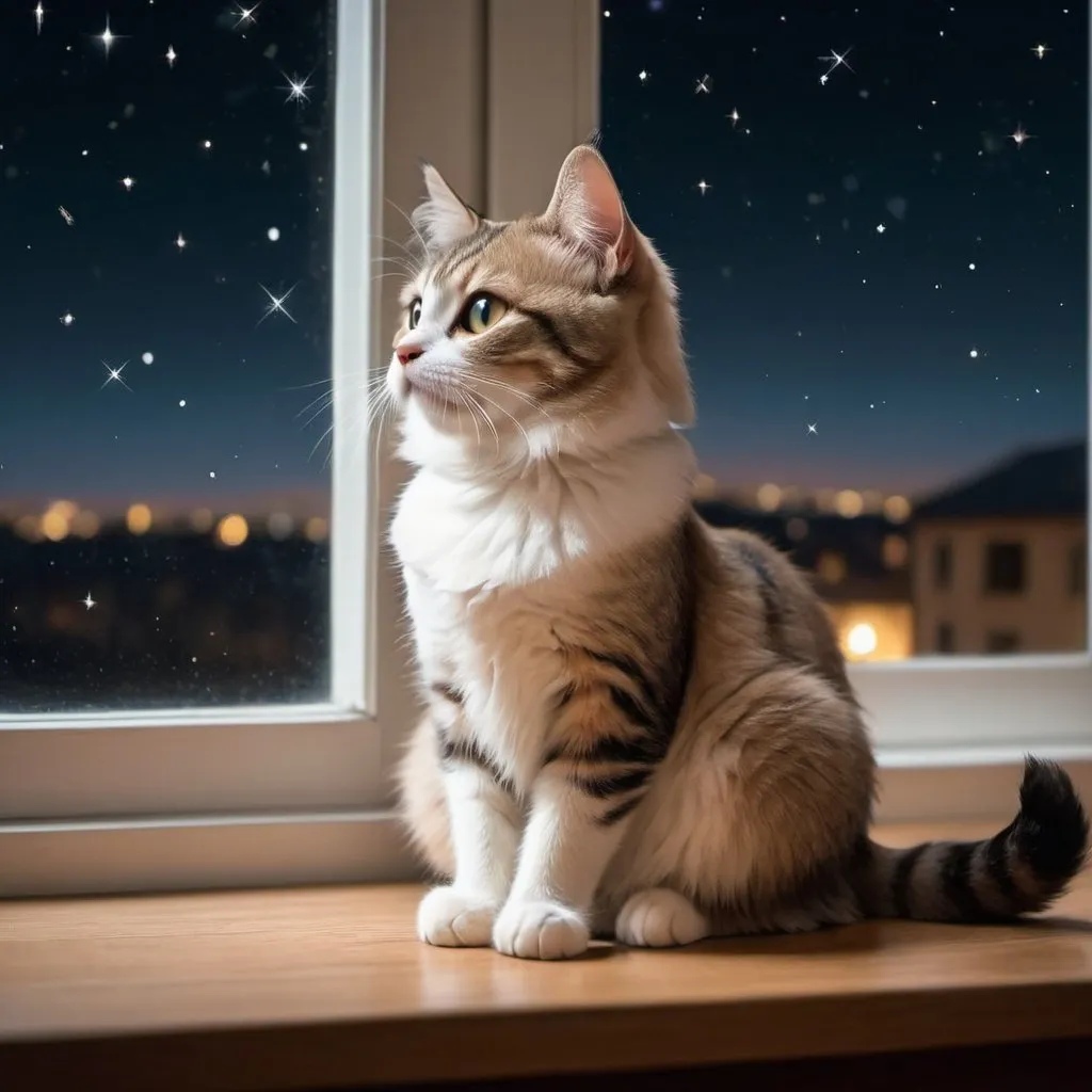 Prompt: A cute cat sitting on the table looking at the window that full with stars.