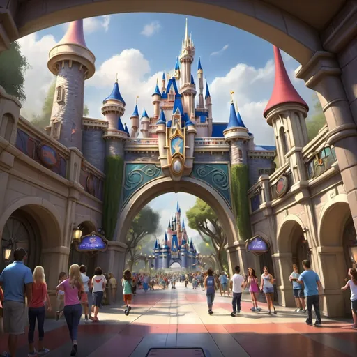 Prompt: A concept art for a new Disney Park that allows park guests to actually get to go inside a video game.