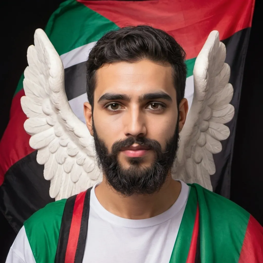 Prompt: A male angel with beard and Palestine flag 