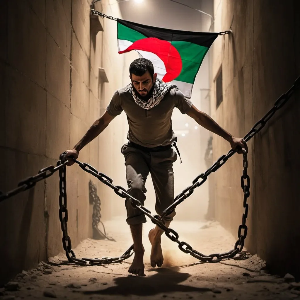 Prompt: A man bound by chains to his ankles, trying to escape the darkness, with the Palestine flag behind him