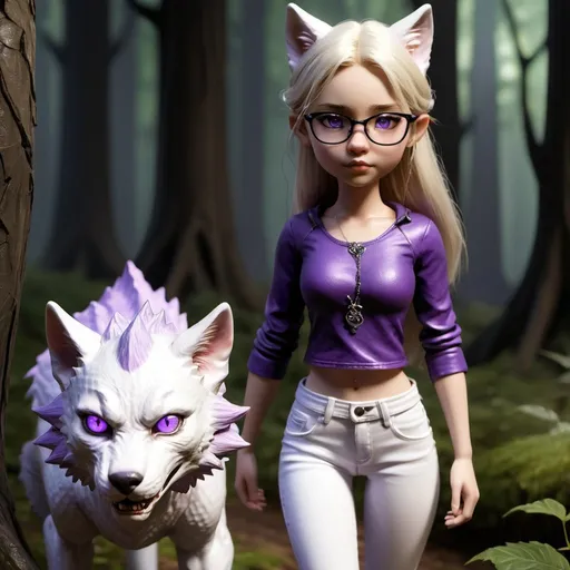 Prompt: Little girl that is very realistic with feirce wolf dragon behind her with crackling lighting and a black tail barb but the rest of the classes are purple and he has purple eyes
. The girl is wearing a crop top with white jeans and she is pale and has dark blonde hair. She has a flower in her hair and she has cats eye glasses. She is walking Cooley in the forest. She is 12 and has a white cat  she is very realistic



