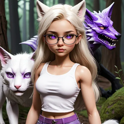 Prompt: Little girl that is very realistic with feirce wolf dragon behind her with crackling lighting and a black tail barb but the rest of the classes are purple and he has purple eyes
. The girl is wearing a crop top with white jeans and she is pale and has dark blonde hair. She has a flower in her hair and she has cats eye glasses. She is walking Cooley in the forest. She is 12 and has a white cat  she is very realistic



