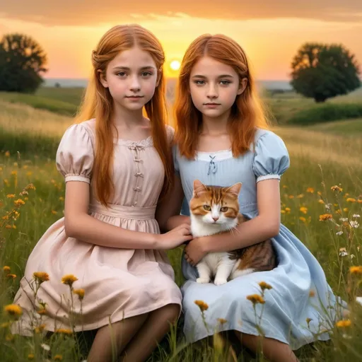 Prompt: a beatiful 10 year old  girl with another 9year old girl and one has red blonde short hair and the other one has beatiful long brownish hair and they are both in dresses in a beatiful meadow with a Pygmy  cat behind them it is sunset or sunrise






