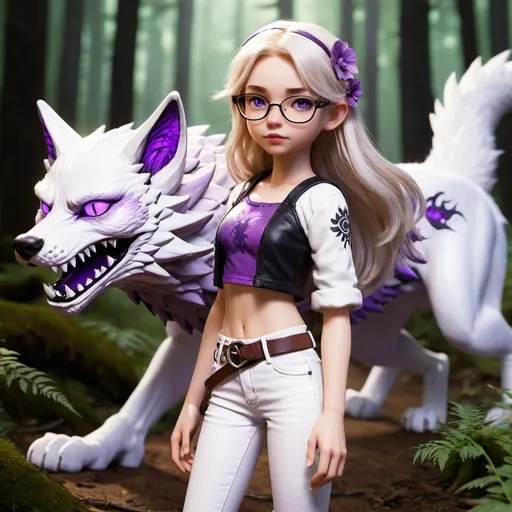 Prompt: Little girl with feirce wolf dragon behind her with crackling lighting and a black tail barb but the rest of the classes are purple and he has purple eyes
. The girl is wearing a crop top with white jeans and she is pale and has dark blonde hair. She has a flower in her hair and she has cats eye glasses. She is walking Cooley in the forest. She is 12 and has a white cat  she is very realistic



