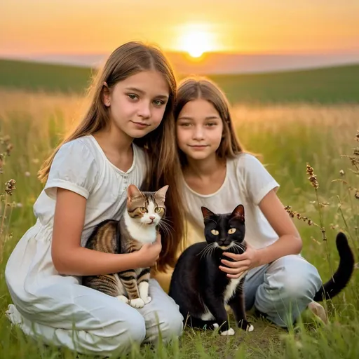 Prompt: a beatiful 10 year old  girl with another 9year old twin in a beatiful meadow with a Pygmy  cat behind them it is sunset or sunrise







