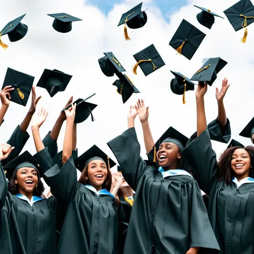 Prompt: realistic photo of black students tossing their graduation hats in celebration.