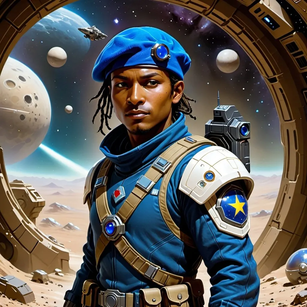 Prompt: future soldier from the earth empire, dark olive skin, with blue beret, in a space opera setting
