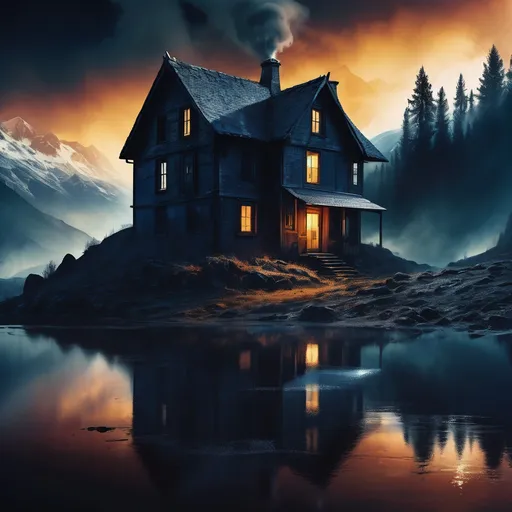Prompt: mysterious book cover, dark and smoky atmosphere, dramatic mountain landscape with an old, run-down cottage, a light coming from inside, captivating sci-fi thriller elements, intense shadows and gradients, moody color palette with deep blues and blacks, cinematic quality, high-definition details, atmospheric lighting, ominous vibe, intriguing title typography intertwined with smoky designs