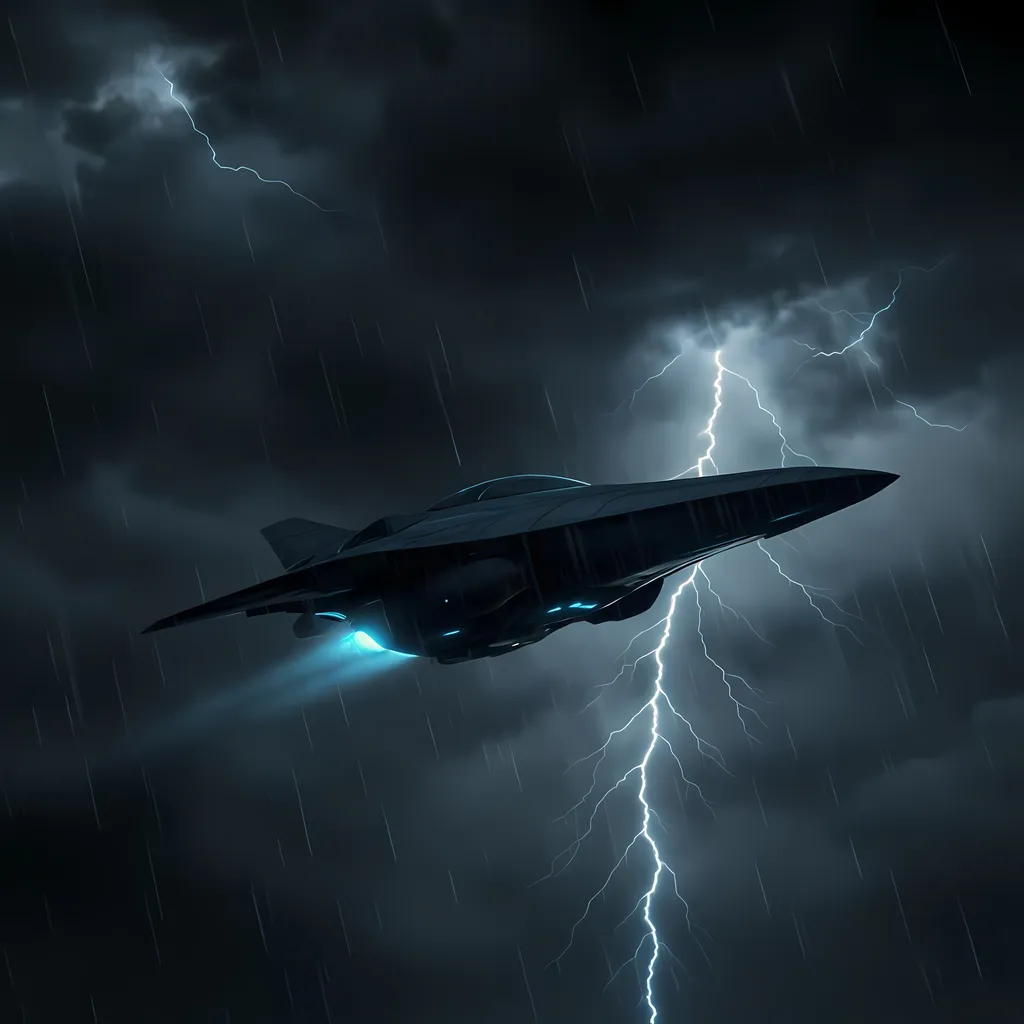 Prompt: Sci-fi book cover of a stealthy, smooth spaceship with blue lights descending from a stormy sky