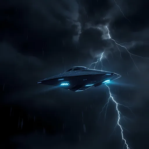 Prompt: Sci-fi book cover of a stealthy, smooth spaceship with blue lights descending from a stormy sky